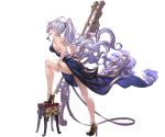  ahoge blue_dress bracelet braid breasts choker dress from_side full_body granblue_fantasy gun hair_ribbon high_heels jewelry large_breasts leg_up long_hair looking_at_viewer official_art ponytail ribbon rifle sideboob silva_(granblue_fantasy) silver_hair simple_background very_long_hair weapon white_background wink yellow_eyes 