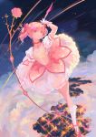  1girl bow_(weapon) bubble_skirt choker city_lights cloud gloves hair_ribbon kaname_madoka kneehighs koichame magical_girl mahou_shoujo_madoka_magica night night_sky pink_eyes pink_hair ribbon short_twintails skirt sky solo twintails two_side_up weapon white_gloves white_legwear 