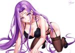 1girl all_fours artist_name bare_shoulders black_bra black_footwear black_panties blush bra breasts closed_mouth collarbone eyelashes facial_mark fate/stay_night fate_(series) forehead_mark garter_belt garter_straps high_heels highres large_breasts long_hair looking_at_viewer panties purple_hair rider sakiyamama signature simple_background smile solo thighhighs underwear very_long_hair white_background 