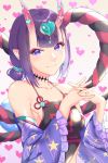  1girl akapug621 bangs blunt_bangs breasts choker earrings eyebrows_visible_through_hair fate/grand_order fate_(series) frilled_sleeves frills hair_ornament hands_together heart heart_hair_ornament horns interlocked_fingers jewelry long_sleeves looking_at_viewer pointy_ears print_sleeves purple_eyes purple_hair rock short_hair shuten_douji_(halloween_caster)_(fate) sideboob small_breasts smile solo star star_print upper_body 