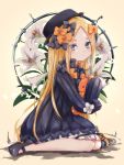  1girl abigail_williams_(fate/grand_order) bangs beige_background black_bow black_dress black_footwear black_hat blonde_hair blue_eyes blush bow bug butterfly closed_mouth commentary_request dress fate/grand_order fate_(series) flower forehead hair_bow hat highres insect long_hair long_sleeves looking_at_viewer looking_to_the_side mary_janes object_hug orange_bow parted_bangs polka_dot polka_dot_bow shoes sitting sleeves_past_fingers sleeves_past_wrists solo stuffed_animal stuffed_toy teddy_bear touko_56 very_long_hair wariza white_flower 