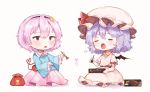  2girls blue_hair blush chibi dress food hat headband komeiji_satori pink_eyes pink_hair pointed_ears remilia_scarlet short_hair skirt touhou useq1067 vampire white wings 