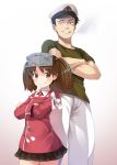  1boy 1girl admiral_(kantai_collection) back-to-back brown_background brown_hair cigarette cowboy_shot crossed_arms gradient gradient_background green_shirt grin hat height_difference japanese_clothes kantai_collection kariginu looking_at_viewer magatama mofu_namako pants peaked_cap red_shirt ryuujou_(kantai_collection) shirt smile standing twintails visor_cap white_background white_pants 