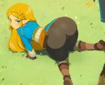  2019 all_fours big_butt blonde_hair blue_eyes blush breath_of_the_wild butt clothed clothing female fully_clothed hair hi_res humanoid hylian long_hair looking_back merunyaa nintendo not_furry pointy_ears presenting presenting_hindquarters princess_zelda solo the_legend_of_zelda video_games 