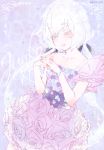  1girl bracelet character_name dress eyes_closed floral_print jewelry konno_junko low_twintails silver_hair twintails twitter_username yuuna_minato zombie_land_saga 