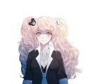  1girl bear_hair_ornament blonde_hair blue_eyes blush bow breasts cleavage commentary_request danganronpa danganronpa_1 enoshima_junko hair_ornament large_breasts long_hair looking_at_viewer necktie pink_hair school_uniform simple_background sleeves_rolled_up smile solo suzukal twintails upper_body white_background 