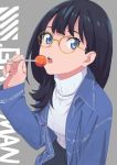  1girl :o bangs bespectacled black_hair black_legwear blue_eyes blue_jacket candy casual chupa_chups commentary_request copyright_name food glasses grey_background hand_up holding holding_food jacket kengo lollipop long_hair long_sleeves looking_at_viewer open_mouth simple_background solo ssss.gridman sweater takarada_rikka upper_body white_sweater yellow-framed_eyewear 