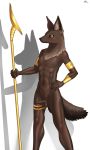  anthro anubian_jackal anubis balls black_fur blush canid canine canis deity egyptian erection fur gamumbi jackal male mammal muscular nipples nude solo 