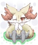  anthro blush braixen chest_tuft dipstick_tail featureless_crotch female fluffy fluffy_tail inner_ear_fluff looking_at_viewer multicolored_tail navel nintendo nyaswitchnya pok&eacute;mon pok&eacute;mon_(species) sitting solo stick tuft video_games 