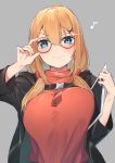  &gt;:) 1girl absurdres adjusting_eyewear arm_up bangs black_jacket blonde_hair blue_eyes blush breasts closed_mouth clothes_writing commentary_request eighth_note girls_frontline glasses grey_background hair_between_eyes hair_ornament hairclip highres holding jacket kalina_(girls_frontline) large_breasts long_sleeves looking_at_viewer low_twintails multicolored_hair musical_note open_clothes open_jacket purple-framed_eyewear red_hair red_shirt round_eyewear shirt simple_background smile smug solo streaked_hair tablet_pc tittu twintails unaligned_breasts upper_body v-shaped_eyebrows x_hair_ornament 
