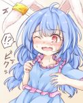  !? 1girl animal_ears blue_dress blue_hair blush bunny_ears dress ear_clip hands_on_own_breasts long_hair low_twintails neko_mata one_eye_closed open_mouth red_eyes seiran_(touhou) solo touhou twintails upper_body 