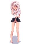  1girl absurdres bangs barefoot black_panties black_skirt blush chloe_von_einzbern dark_skin fate/kaleid_liner_prisma_illya fate_(series) feet full_body hair_between_eyes highres homurahara_academy_uniform legs long_hair looking_at_viewer natsu_(sinker8c) neck_ribbon one_side_up open_mouth orange_eyes panties pink_hair red_ribbon ribbon school_uniform shirt short_sleeves simple_background skirt skirt_lift smile solo swept_bangs tan thighs underwear white_background white_shirt 