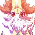  anthro blush braixen chest_tuft dipstick_tail female hand_on_chest hi_res inner_ear_fluff kemono looking_at_viewer low-angle_view multicolored_tail navel nintendo nyaswitchnya pok&eacute;mon pok&eacute;mon_(species) simple_background solo stick tuft video_games white_background 