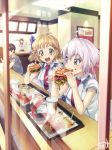  1boy 4girls ahoge antenna_hair blonde_hair bow character_request eating faceless faceless_male food french_fries hair_bow hair_ornament hairpin hamburger indoors long_hair lydian_academy_uniform mcdonald&#039;s multiple_girls necktie pink_eyes pink_hair ponytail purple_hair senki_zesshou_symphogear short_hair short_sleeves sweatdrop through_window tyuga yellow_eyes yukine_chris 