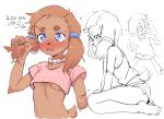  anthro blue_eyes blush breasts brown_fur brown_hair canid canine canis clothing dialogue domestic_dog drooling eds embarrassed female fur hair hi_res kneeling mammal midriff open_mouth pepper_(lightsource) saliva shirt shorts simple_background sketch small_breasts solo surprise sweat tears text under_boob white_background 