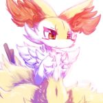  anthro blush braixen breast_fondling breasts chest_tuft dipstick_tail female fondling hand_on_breast hi_res inner_ear_fluff multicolored_tail navel nintendo nyaswitchnya pok&eacute;mon pok&eacute;mon_(species) solo stick tuft video_games 