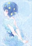  1girl blue_hair bracelet character_name dress eyes_closed floral_print flower hair_flower hair_ornament jewelry mizuno_ai short_hair twitter_username yuuna_minato zombie_land_saga 