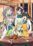  4girls ^_^ absurdres ahoge apron asashimo_(kantai_collection) black_hair bottle bow bowtie chicken_(food) chopsticks closed_eyes cup eyes_closed food glasses green-framed_eyewear green_apron green_eyes grey_eyes grey_hair hair_between_eyes hair_over_one_eye hair_ribbon halterneck highres holding holding_food indoors kanmiya_shinobu kantai_collection kiyoshimo_(kantai_collection) long_hair low_twintails mittens multicolored_hair multiple_girls naganami_(kantai_collection) night okinami_(kantai_collection) orange_apron pink_hair pink_mittens pizza plate ponytail purple_hair ribbon school_uniform sharp_teeth shirt short_hair silver_hair table teeth twintails very_long_hair white_shirt wine_bottle 