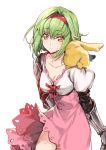  1girl animal animal_on_shoulder breasts c.c. cheese-kun cleavage code_geass collarbone cosplay cowboy_shot creayus djeeta_(granblue_fantasy) djeeta_(granblue_fantasy)_(cosplay) gauntlets granblue_fantasy green_hair hairband high-waist_skirt medium_breasts neck_ribbon pink_skirt red_hairband red_ribbon ribbon shirt short_hair simple_background skirt skirt_lift solo standing white_background white_shirt 