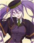  1girl atlas_academy_uniform blush breasts capelet eyebrows_visible_through_hair fate/grand_order fate_(series) glasses green_neckwear hair_between_eyes hat large_breasts long_hair looking_at_viewer necktie nusumenaihxseki open_mouth purple_eyes purple_hair simple_background sion_eltnam_atlasia smile solo twintails 