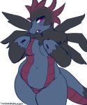  2019 anthro belly blue_skin breasts cute_fangs digital_media_(artwork) dragon drey_(character) embarrassed fangs female hi_res hydreigon multi_head navel nintendo nude overweight pok&eacute;mon pok&eacute;mon_(species) purple_eyes rainbowsprinklesart reptile scalie simple_background solo video_games white_background wings 