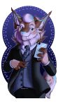  absurd_res badge brown_fur cellphone clothing fur hair hawthorne hawthorne_(rhari) hi_res humanoid_hands male phone rhari sabertooth_(disambiguation) simple_background smile suit teeth 