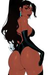  1girl ass black_hair breasts dark_skin earrings huge_ass jewelry lipstick long_gloves long_hair makeup overwatch ponytail simple_background solo symmetra_(overwatch) white_background wide_hips 