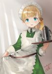 1girl alternate_costume apron bangs blonde_hair blue_eyes blunt_bangs blush cup dated dress enmaided eyebrows_visible_through_hair frilled_apron frills green_dress hair_ribbon highres holding holding_tray kantai_collection long_hair long_sleeves looking_at_viewer maid maid_headdress open_mouth orange_ribbon ribbon shin&#039;you_(kantai_collection) side_ponytail signature smile solo teacup teapot toka_(marchlizard) tray upper_body white_apron 