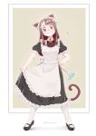  1girl 2019 :3 alternate_costume animal_ears apron arm_behind_back artist_name bangs black_dress brown_hair cat_ears cat_tail dress duster frills full_body highres kagari_atsuko little_witch_academia long_hair maid maid_apron maid_headdress marii_pily neck_bell neck_ribbon pink_eyes puffy_short_sleeves puffy_sleeves red_ribbon ribbon shoes short_sleeves standing tail white_legwear 