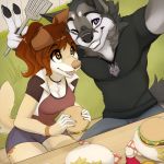  2019 anthro black_nose breasts brown_hair canid canine canis clothed clothing day detailed_background digital_media_(artwork) domestic_dog duo female hair male mammal purple_eyes smile tan_nose wolf wolflady 