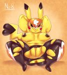  2019 anthro anthrofied anus areola black_nipples breasts brown_eyes clothed clothing cosplay_pikachu curvaceous female front_view full-length_portrait hands_behind_head looking_at_viewer mammal mask naughty_face nintendo nipples orange_background overweight overweight_female pikachu pikachu_libre plump_labia pok&eacute;mon pok&eacute;mon_(species) portrait presenting presenting_pussy pussy rodent simple_background sitting skye3337 smile solo spread_legs spreading sweat topless torn_clothing video_games yellow_skin yellow_tail 