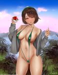  1girl areola_slip areolae artist_name blush breasts brown_eyes brown_hair closed_mouth collared_jacket commentary_request creatures_(company) easonx female_protagonist_(pokemon_swsh) game_freak green_hat green_swimsuit grey_jacket hands_up hat highres holding holding_poke_ball jacket long_sleeves medium_breasts navel nintendo nose_blush off_shoulder open_clothes open_jacket outdoors poke_ball poke_ball_(generic) pokemon pokemon_(game) pokemon_swsh slingshot_swimsuit smile solo standing swimsuit swimsuit_under_clothes tam_o&#039;_shanter 
