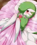  1girl :o bed bed_sheet blush commentary_request creatures_(company) game_freak gardevoir gen_3_pokemon heart heart-shaped_pupils heavy_breathing highres looking_at_viewer lying nintendo on_back on_bed orange_eyes pillow pokemon pokemon_(creature) solo symbol-shaped_pupils white_pillow yu_yun 