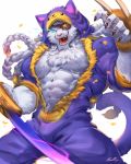  2019 abs anthro biceps clothing eye_patch eyewear felid fur hair hi_res league_of_legends lion male mammal muscular muscular_male pantherine pecs rabbity rengar_(lol) riot_games solo teeth video_games white_fur 