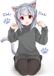  1girl absurdres animal_ears bangs blush brown_legwear cat_ears cat_girl cat_tail commentary_request eyebrows_visible_through_hair fang full_body grey_hair grey_sweater hands_up head_tilt highres long_sleeves looking_at_viewer open_mouth original pantyhose paw_pose red_eyes seiza shadow sidelocks sitting solo sora_(silent_square) sweater tail tail_raised translation_request white_background 
