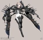  1girl absurdres artist_name bandage black_hair braid center_opening character_name coin fingerless_gloves full_body gloves grey_background gun highres invisible_hand long_hair mask mecha_musume midriff navel pale_skin personification red_eyes rifle solo star_wars thighhighs vectorek weapon 