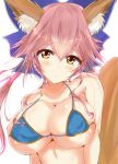  1girl animal_ear_fluff animal_ears bangs bare_shoulders bikini blue_bikini blue_bow blush bow breasts brown_eyes cleavage closed_mouth collarbone commentary_request eyebrows_visible_through_hair fate/grand_order fate_(series) fox_ears fox_girl fox_tail hair_between_eyes hair_bow haru_(nature_life) head_tilt large_breasts long_hair pink_hair skindentation smile solo swimsuit tail tamamo_(fate)_(all) tamamo_no_mae_(swimsuit_lancer)_(fate) upper_body 