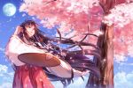  1girl arm_up bangs black_hair blue_sky brown_eyes cherry_blossoms closed_mouth cloud commentary_request eyebrows_visible_through_hair flower full_moon hair_tucking hakama holding inuyasha japanese_clothes kikyou_(inuyasha) long_hair long_sleeves miko moon outdoors petals red_hakama sky smile solo straight_hair teardrops_(user_vgvd7733) tree wide_sleeves wind wind_lift 