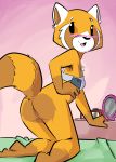  aggressive_retsuko ailurid anthro bed black_eyes blush bottomless bra butt cellphone clothed clothing female fluffy fluffy_tail fur holding_object holding_phone inside kneeling looking_back mammal nontoxo on_bed open_mouth open_smile orange_fur orange_tail phone pussy red_panda retsuko sanrio smile solo underwear 