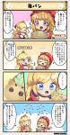  2girls 4koma ^_^ ananas_(flower_knight_girl) bangs blonde_hair blue_eyes blush bread breasts character_name closed_eyes comic costume_request crown eyes_closed flower_knight_girl food hat large_breasts light_brown_hair long_hair melon_bread mini_crown mob_cap multiple_girls pineapple_(flower_knight_girl) purple_eyes red_hood speech_bubble tagme translation_request 