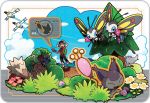  1boy :d ? artist_request backpack bag beautifly bird black_pants blue_eyes blue_sky border brown_hair bug bush butterfly coloud creature creatures_(company) day drooling emphasis_lines flower flying game_freak gen_3_pokemon grass grey_border happy hat hiding holding holding_flower insect looking_up male_focus motion_lines nintendo official_art open_mouth outdoors pants pecha_berry pine_tree pokemon pokemon_(creature) pokemon_(game) pokemon_oras pokenav_plus polka_dot poochyena road roselia short_sleeves sidelocks silhouette skitty sky smile sweatdrop transparent_background tree walking white_hat wingull yuuki_(pokemon) zigzagoon 