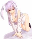  1girl all_fours animal_ears bangs bare_shoulders black_legwear bottomless breasts bunny_ears collarbone commentary_request dutch_angle full_body hair_between_eyes highres long_hair long_sleeves medium_breasts miyo_(ranthath) naked_shirt no_shoes off_shoulder open_clothes open_shirt purple_hair red_eyes reisen_udongein_inaba shadow shirt sidelocks simple_background socks solo thighs touhou white_background white_shirt 