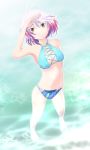  1girl ahoge antenna_hair artist_request bangs bikini breasts cross-laced_bikini_top looking_at_viewer medium_breasts multicolored_hair navel ocean pascal pascal_(tales) red_hair short_hair smile swimsuit tales_of_(series) tales_of_graces two-tone_hair white_hair yellow_eyes 