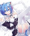  1girl animal_ears ass bangs bed_sheet black_bow black_dress blue_eyes blue_hair blush bow breasts cat_ears cat_girl cat_tail closed_mouth commentary_request detached_sleeves dress eyebrows_visible_through_hair frilled_dress frilled_pillow frills hair_between_eyes hair_ornament hair_ribbon hands_up juliet_sleeves kuhotaka legs_up long_sleeves looking_at_viewer lying on_back panties pillow pink_ribbon puffy_sleeves re:zero_kara_hajimeru_isekai_seikatsu rem_(re:zero) ribbon short_hair small_breasts solo tail thighhighs underwear white_legwear white_panties wide_sleeves x_hair_ornament 