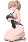  1girl :d bangs barefoot blue_eyes blush breasts brown_hair competition_swimsuit covered_navel dd_(ijigendd) eyebrows_visible_through_hair full_body hair_between_eyes highleg highleg_swimsuit highres intrepid_(kantai_collection) kantai_collection large_breasts looking_at_viewer one-piece_swimsuit open_mouth ponytail short_hair sideboob simple_background smile solo swimsuit white_background 