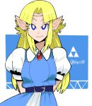  1girl arm_behind_back blonde_hair blue_dress blue_eyes dress earrings elf female gem grin happy jewelry long_hair looking_at_viewer nintendo pointy_ears pose princess princess_zelda short_sleeves smile solo the_legend_of_zelda the_legend_of_zelda:_a_link_to_the_past triforce 