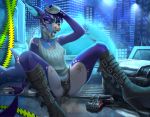  anthro boots city clothed clothing female fish footwear fully_clothed gun hair looking_at_viewer marine open_mouth ranged_weapon shark shorts sitting solo sorafoxyteils spread_legs spreading weapon 