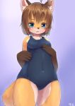  5_fingers anthro blue_eyes blush breasts brown_hair canid canine clothing female fur hair hi_res kemono looking_at_viewer mammal shiitakemeshi solo swimsuit yellow_fur young 