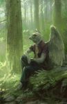 2019 anthro avian beak biped bird black_bottomwear black_clothing black_pants clothed clothing detailed_background digital_media_(artwork) digital_painting_(artwork) feathered_wings feathers forest full-length_portrait fully_clothed grey_beak hi_res male nomax open_shirt outside pants portrait red_eyes shirt sitting solo tree white_feathers white_wings wings 