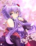  1girl bangs bare_shoulders black_jacket blush breasts bug_(artist) cherry_blossoms closed_mouth commentary_request dress eyebrows_visible_through_hair hair_ornament hair_tubes highres jacket long_hair long_sleeves looking_at_viewer low_twintails open_clothes open_jacket petals purple_dress purple_eyes purple_hair purple_ribbon ribbon small_breasts smile solo spring_(season) tree twintails upper_body voiceroid yuzuki_yukari 